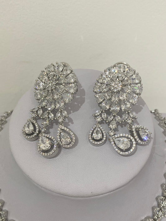 Silver American Diamond Waterfall Necklace Set