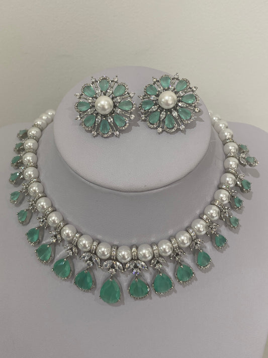 Mint Green AD Pearl Necklace Set