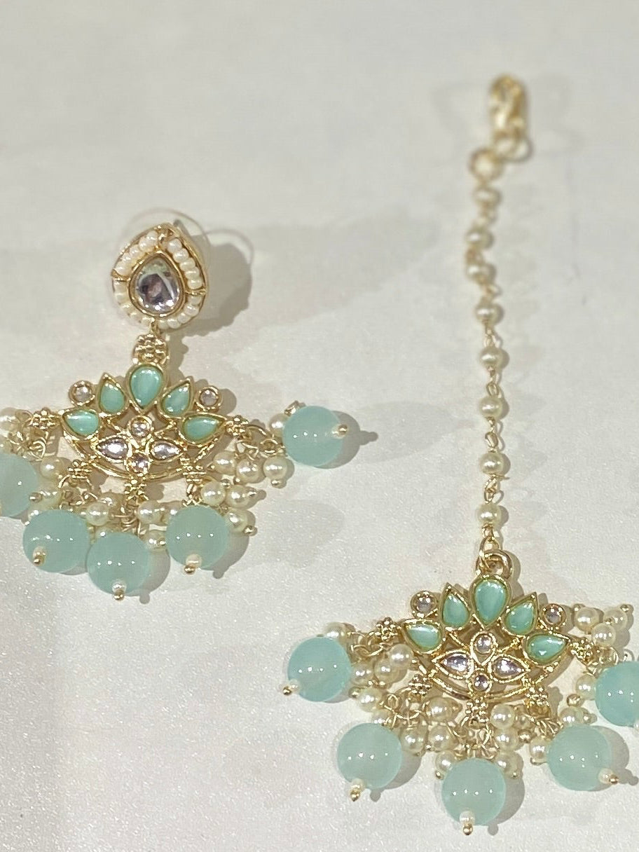 Pale Blue Pearl Kundan Lotus Necklace Set