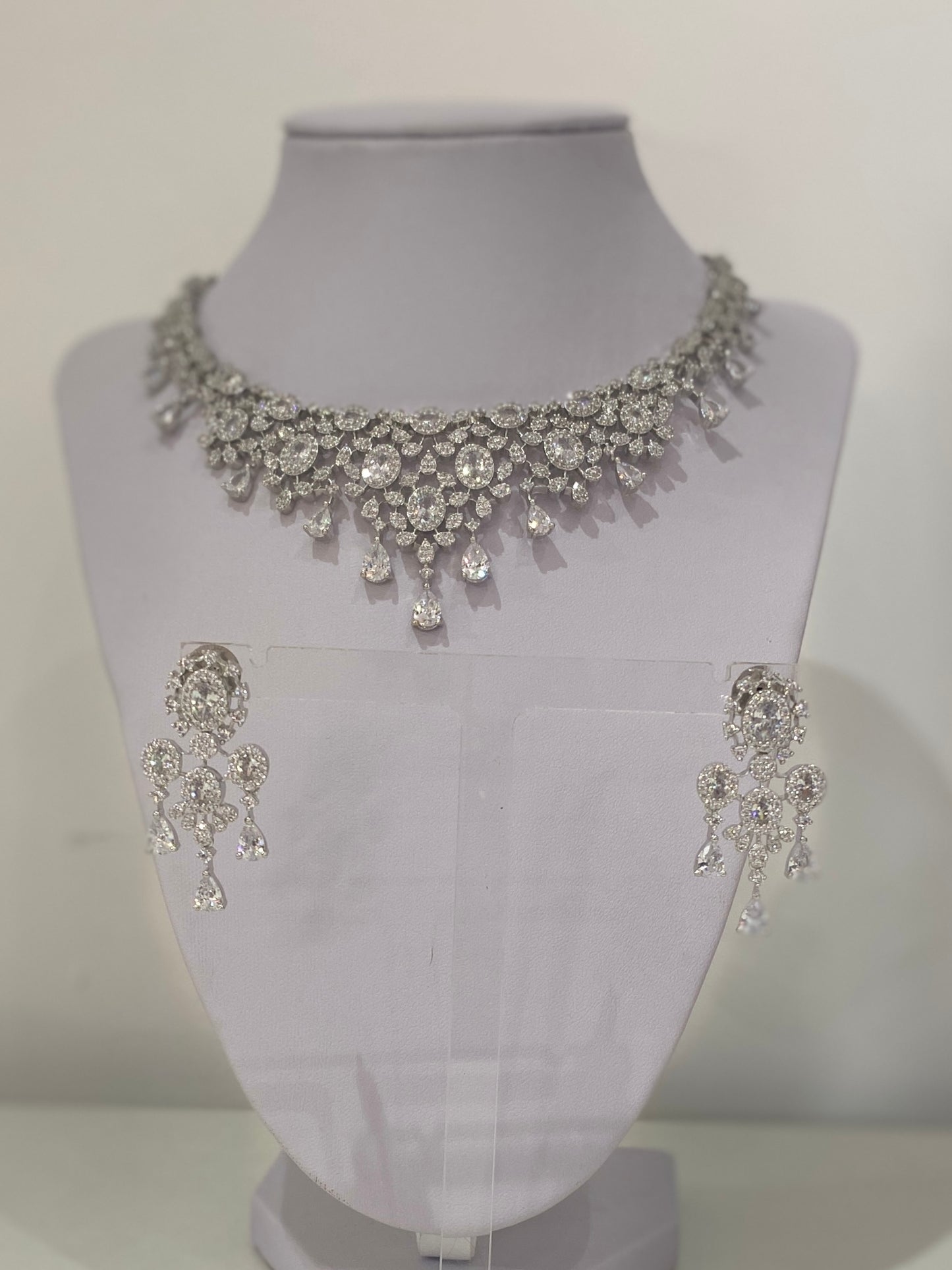 Silver American Diamond Teardrop Necklace Set