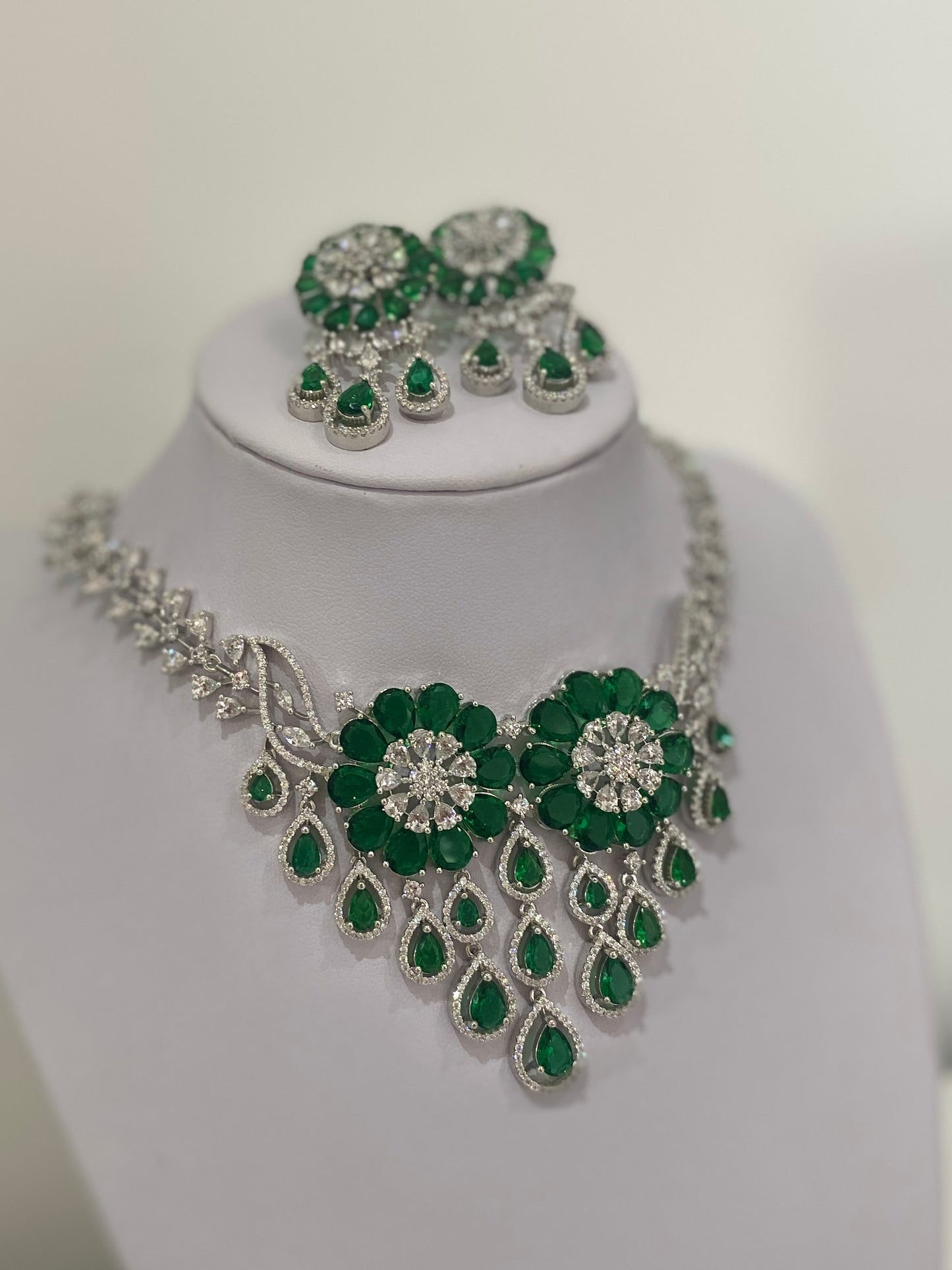 Emerald Green American Diamond Waterfall Necklace Set