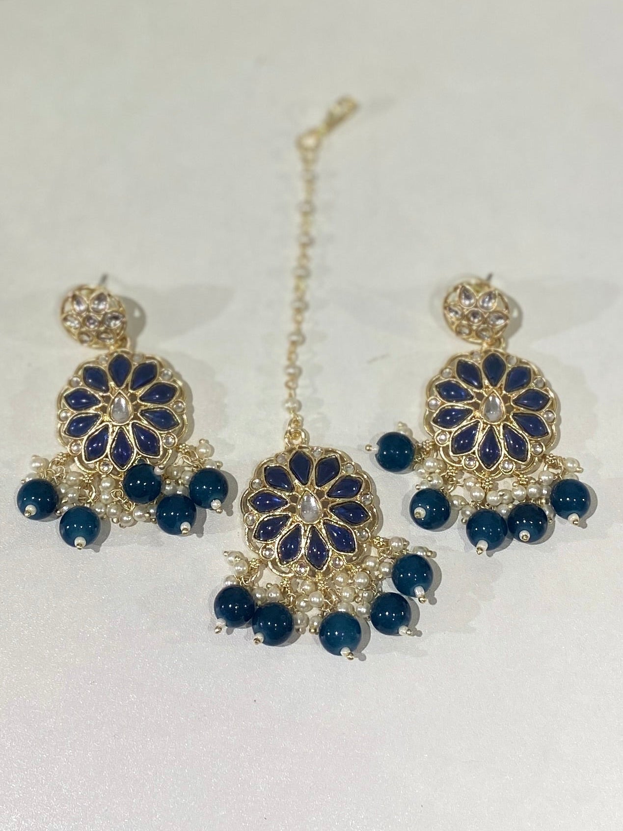 Navy Kundan Pearl Necklace Earrings & Tikka Set