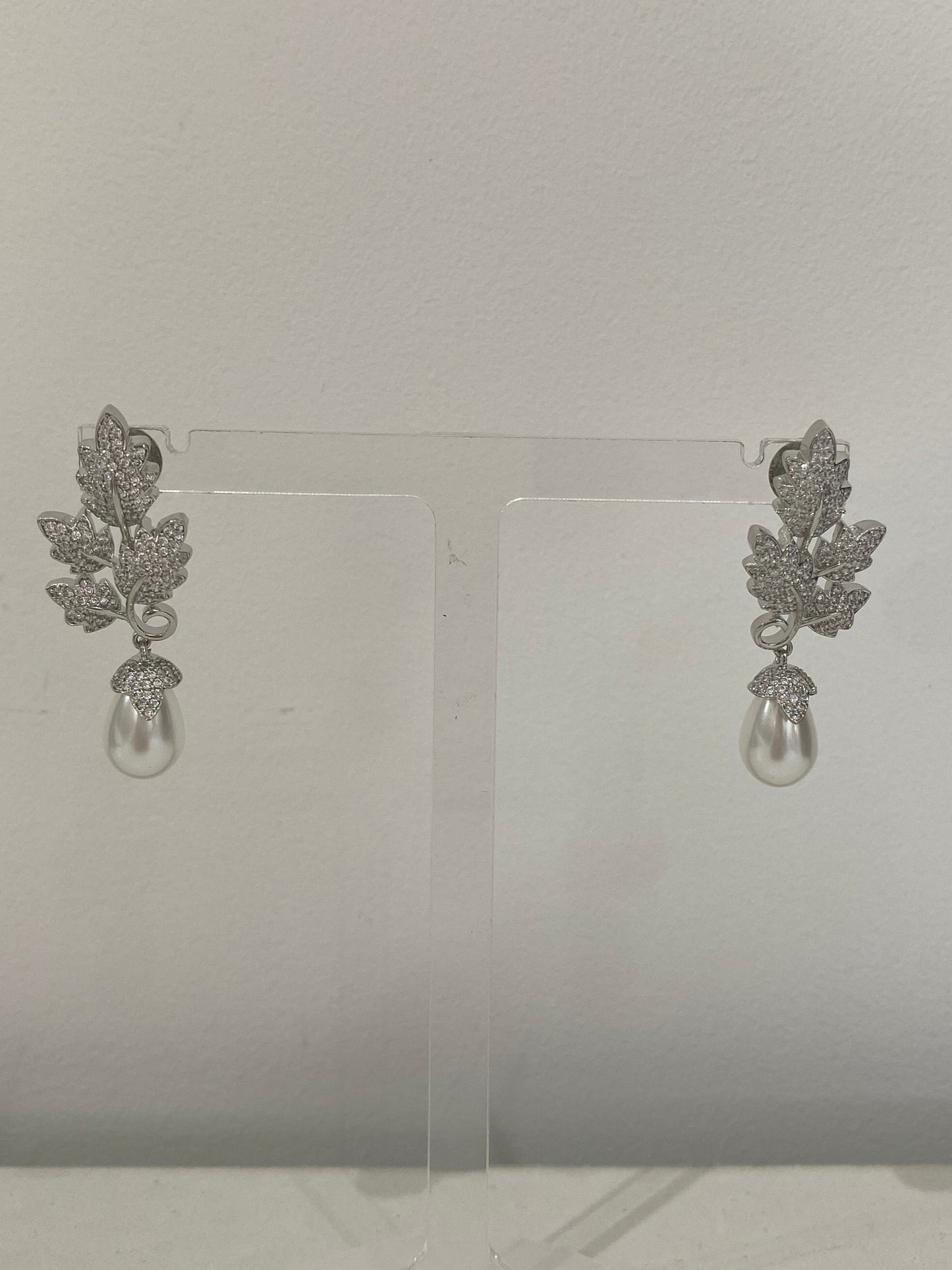 Silver American Diamond Pearl Drop Earrings