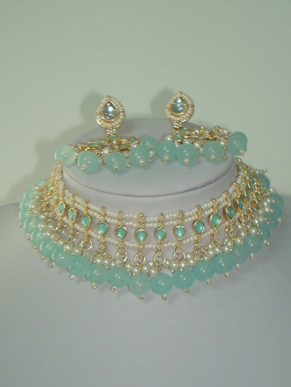 Pale Blue Pearl Kundan Lotus Necklace Set