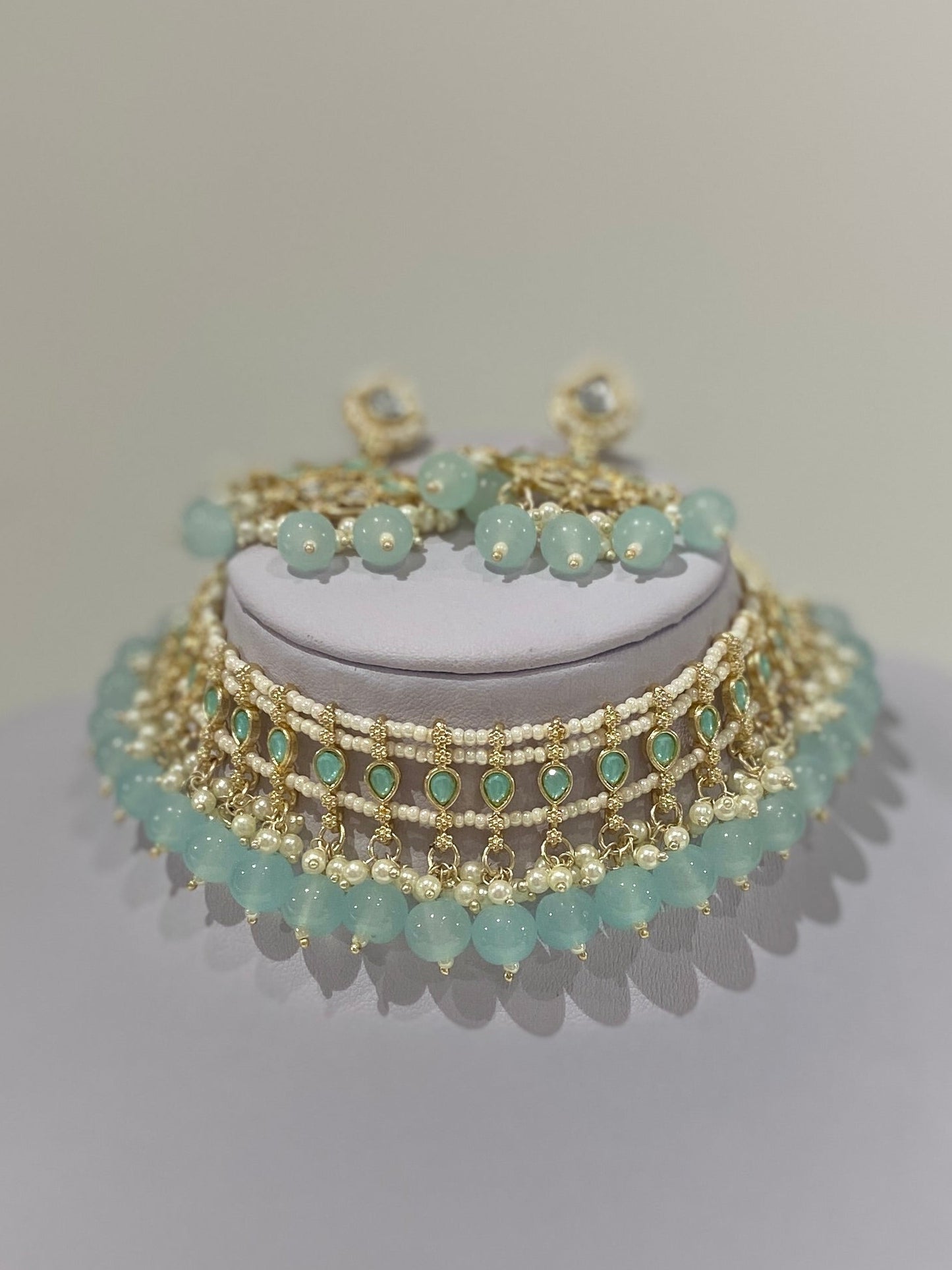 Pale Blue Pearl Kundan Lotus Necklace Set
