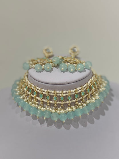 Pale Blue Pearl Kundan Lotus Necklace Set