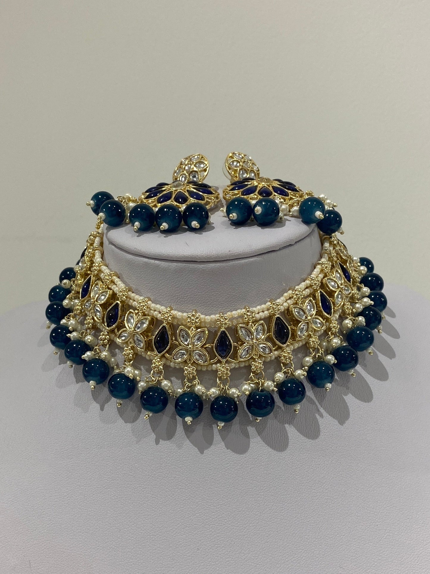 Navy Kundan Pearl Necklace Earrings & Tikka Set
