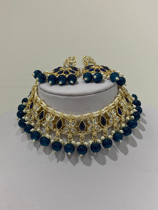 Navy Kundan Pearl Necklace Earrings & Tikka Set