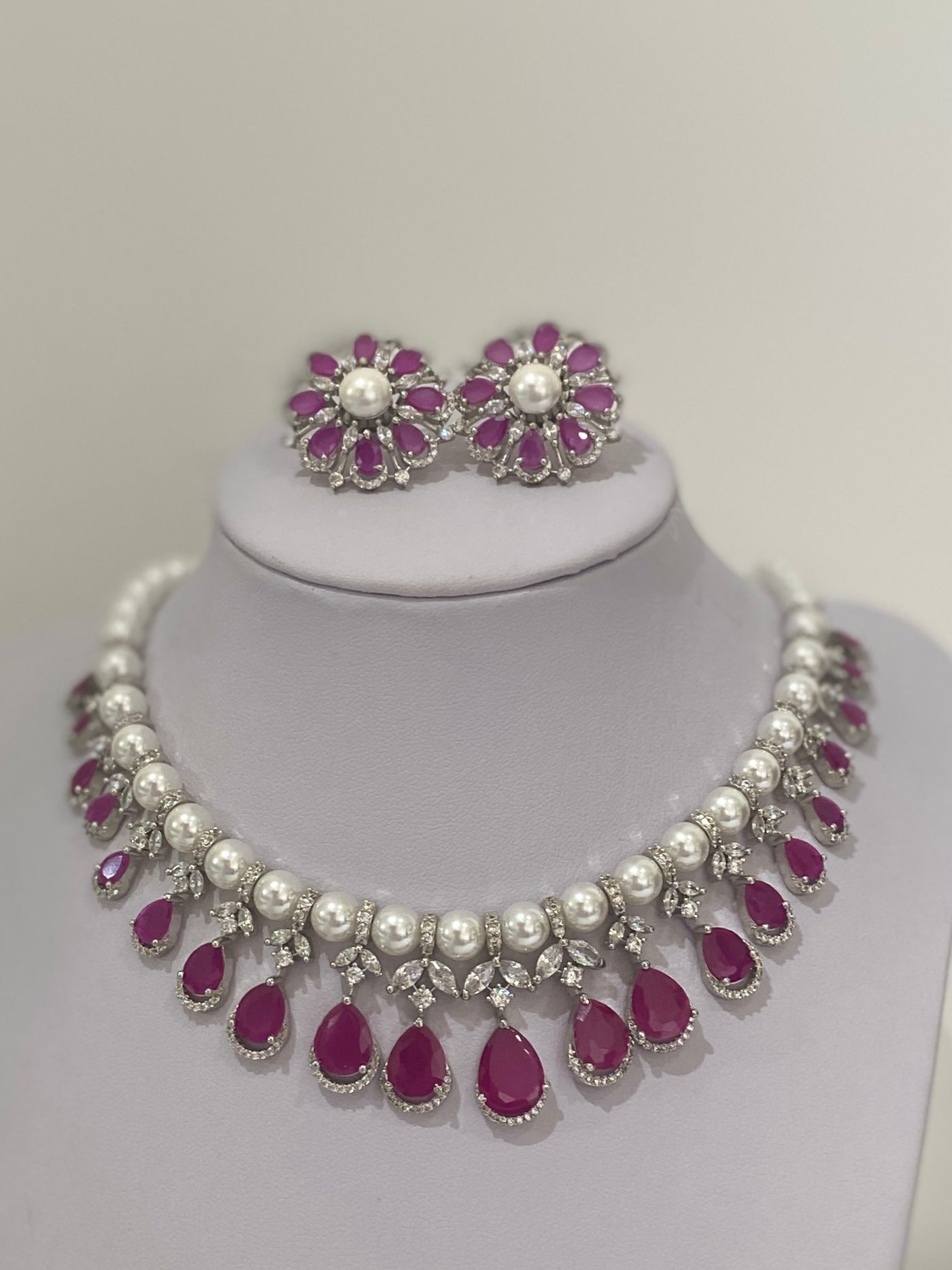 Ruby American Diamond Pearl Necklace Set