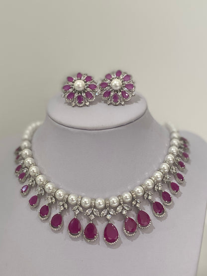 Ruby American Diamond Pearl Necklace Set