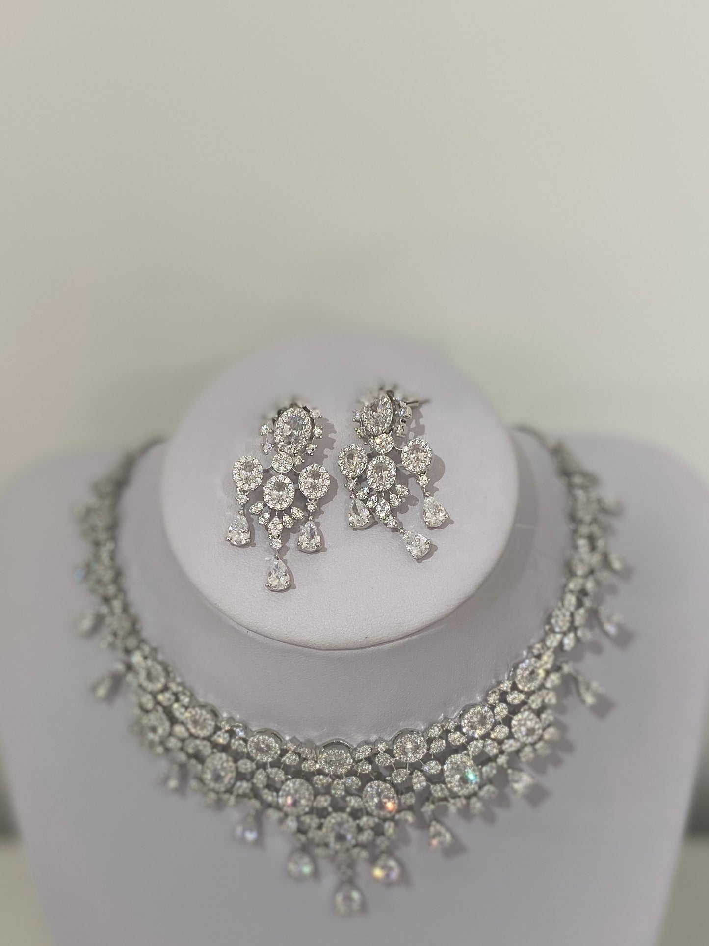Silver American Diamond Teardrop Necklace Set