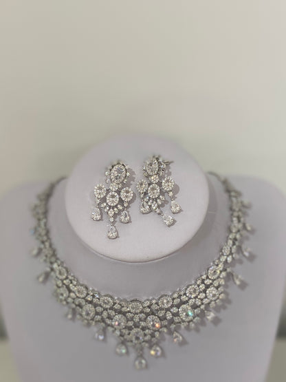 Silver American Diamond Teardrop Necklace Set
