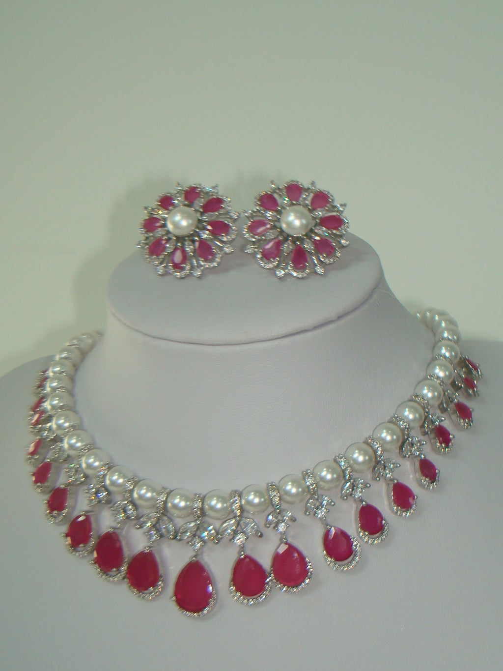 Ruby American Diamond Pearl Necklace Set