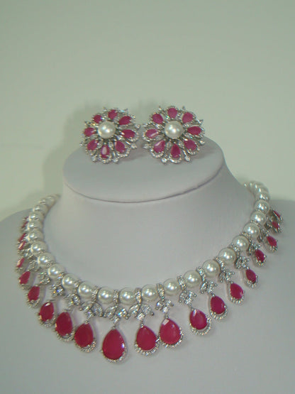Ruby American Diamond Pearl Necklace Set
