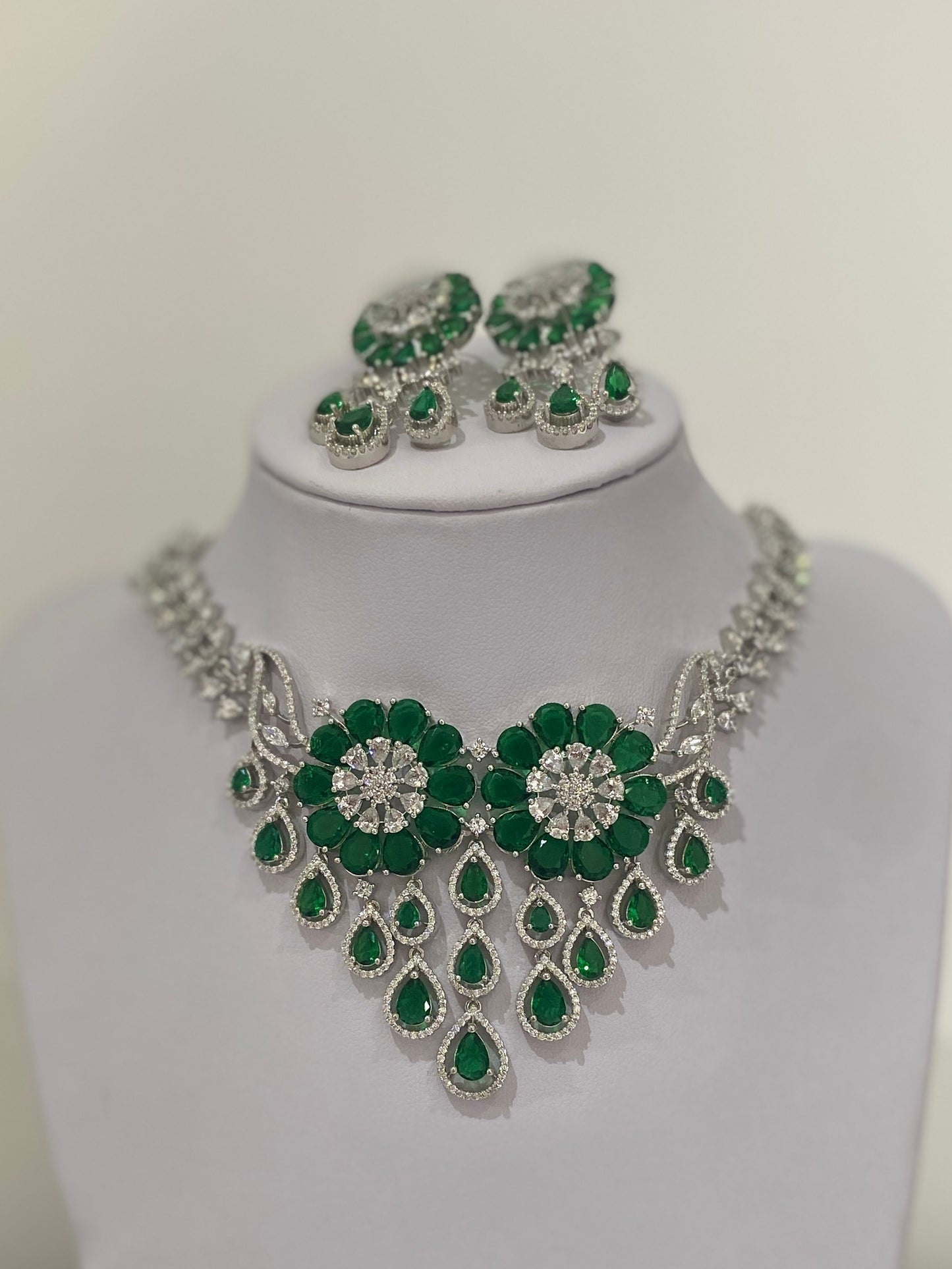 Emerald Green American Diamond Waterfall Necklace Set