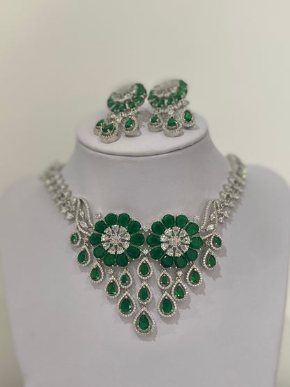 Emerald Green American Diamond Waterfall Necklace Set