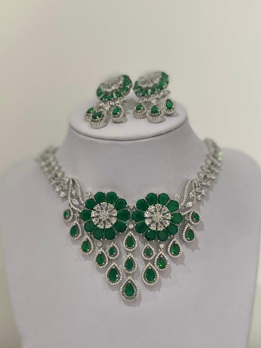 Emerald Green American Diamond Waterfall Necklace Set