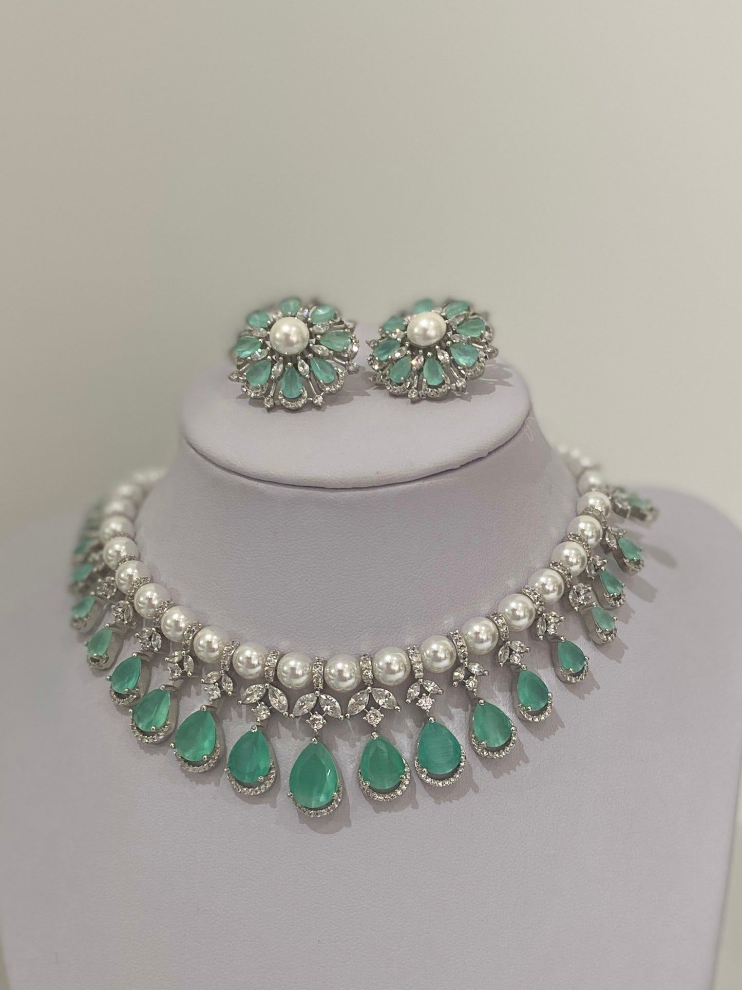 Mint Green AD Pearl Necklace Set