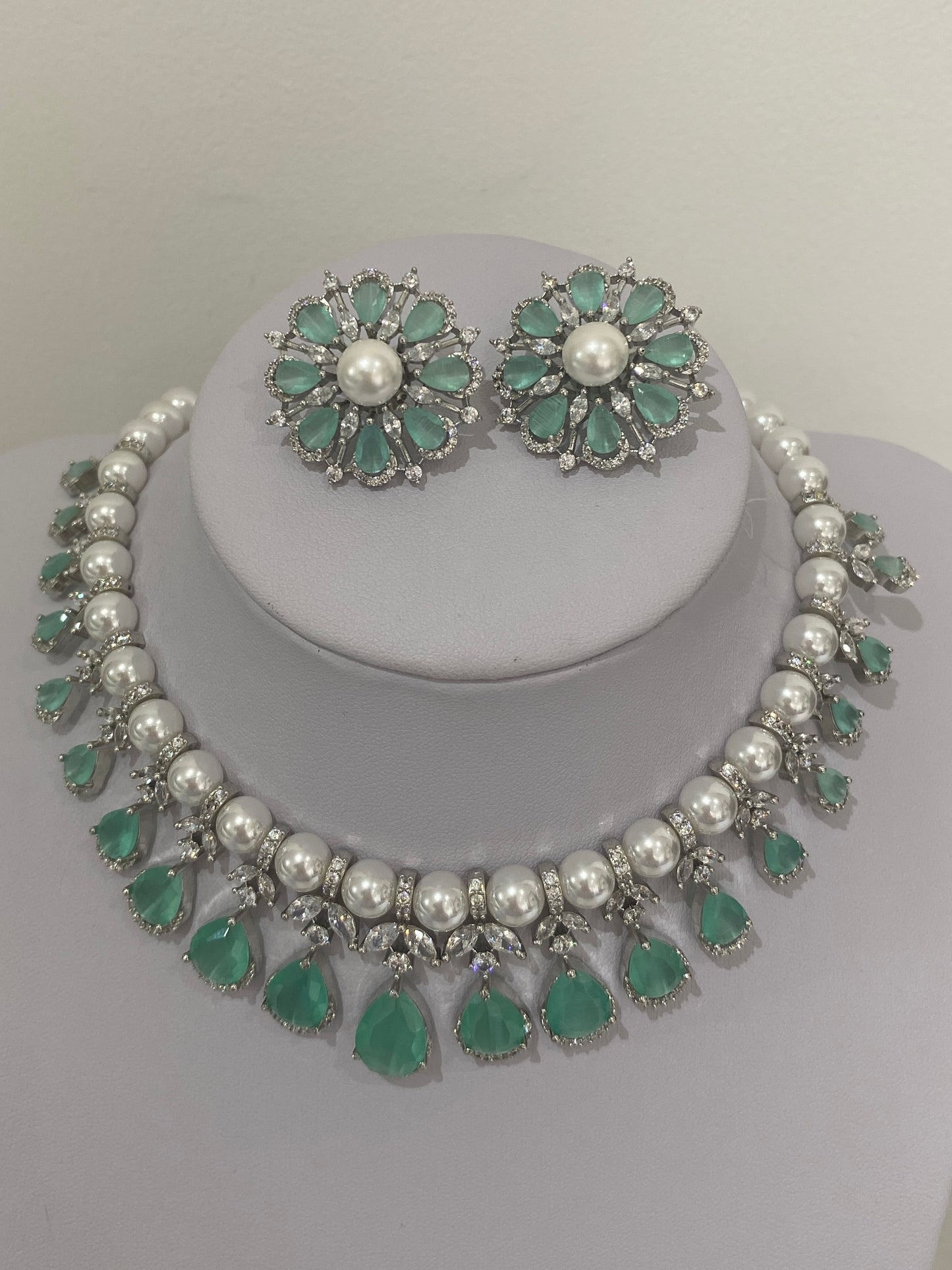 Mint Green AD Pearl Necklace Set