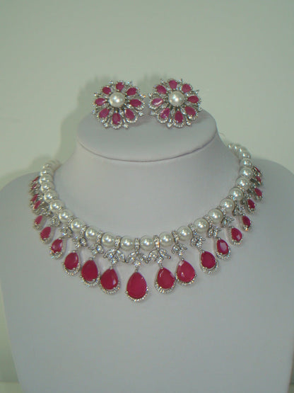 Ruby American Diamond Pearl Necklace Set