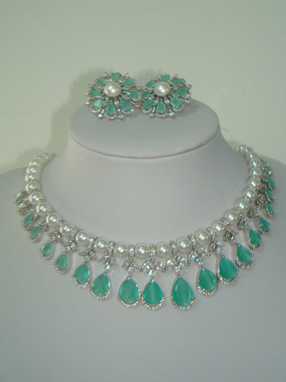 Mint Green AD Pearl Necklace Set