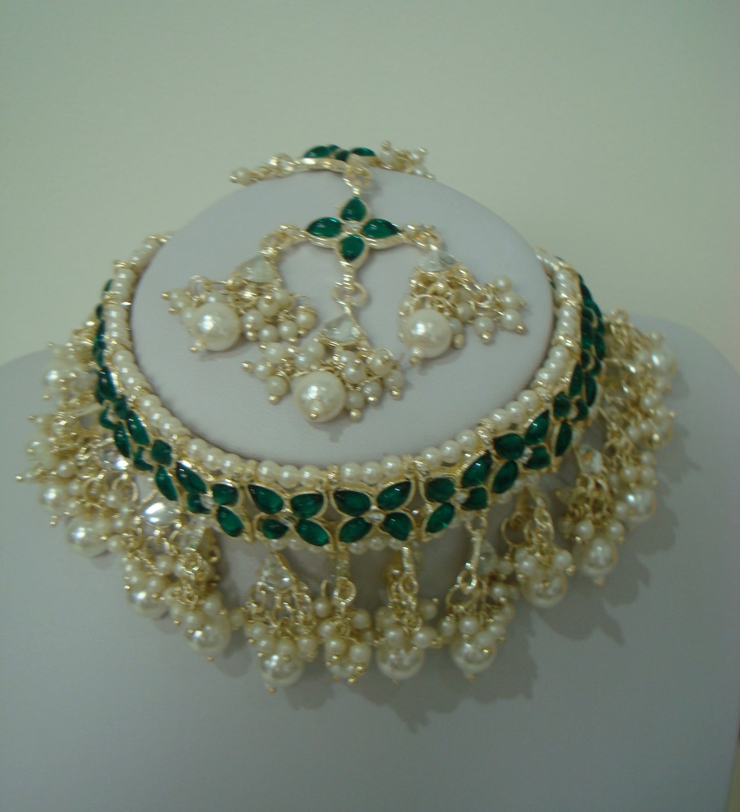 Hira Dark Green Pearl Full Necklace Tikka Earring Set