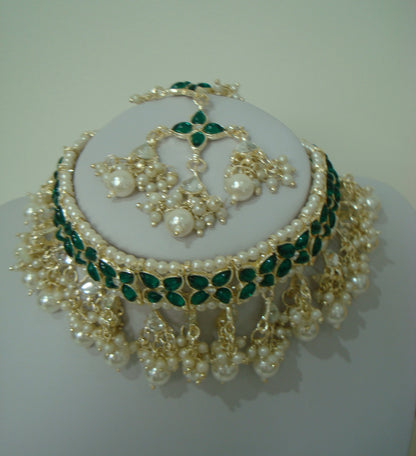 Hira Dark Green Pearl Full Necklace Tikka Earring Set