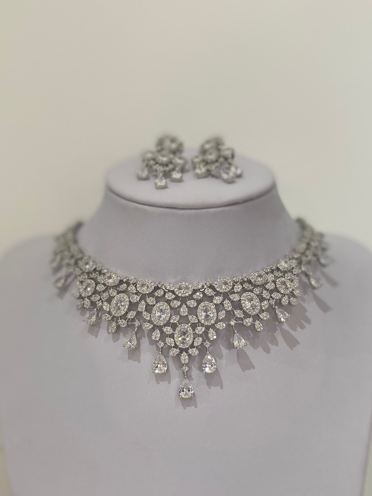 Silver American Diamond Teardrop Necklace Set