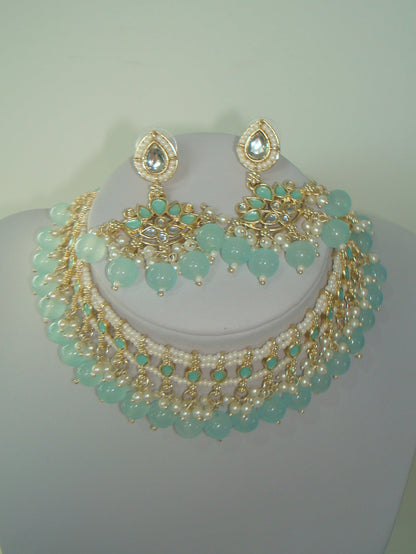 Pale Blue Pearl Kundan Lotus Necklace Set