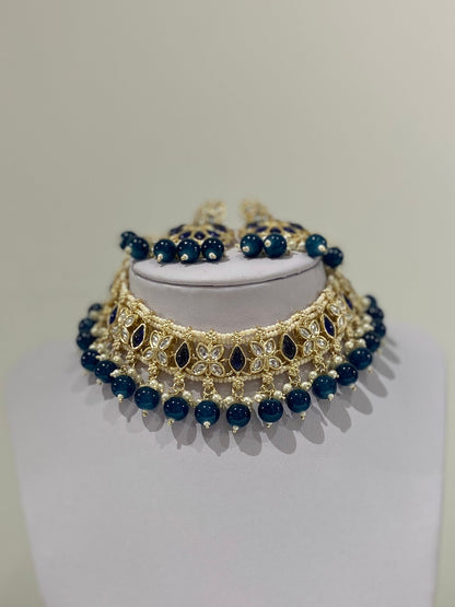 Navy Kundan Pearl Necklace Earrings & Tikka Set