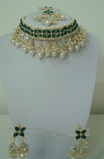 Hira Dark Green Pearl Full Necklace Tikka Earring Set