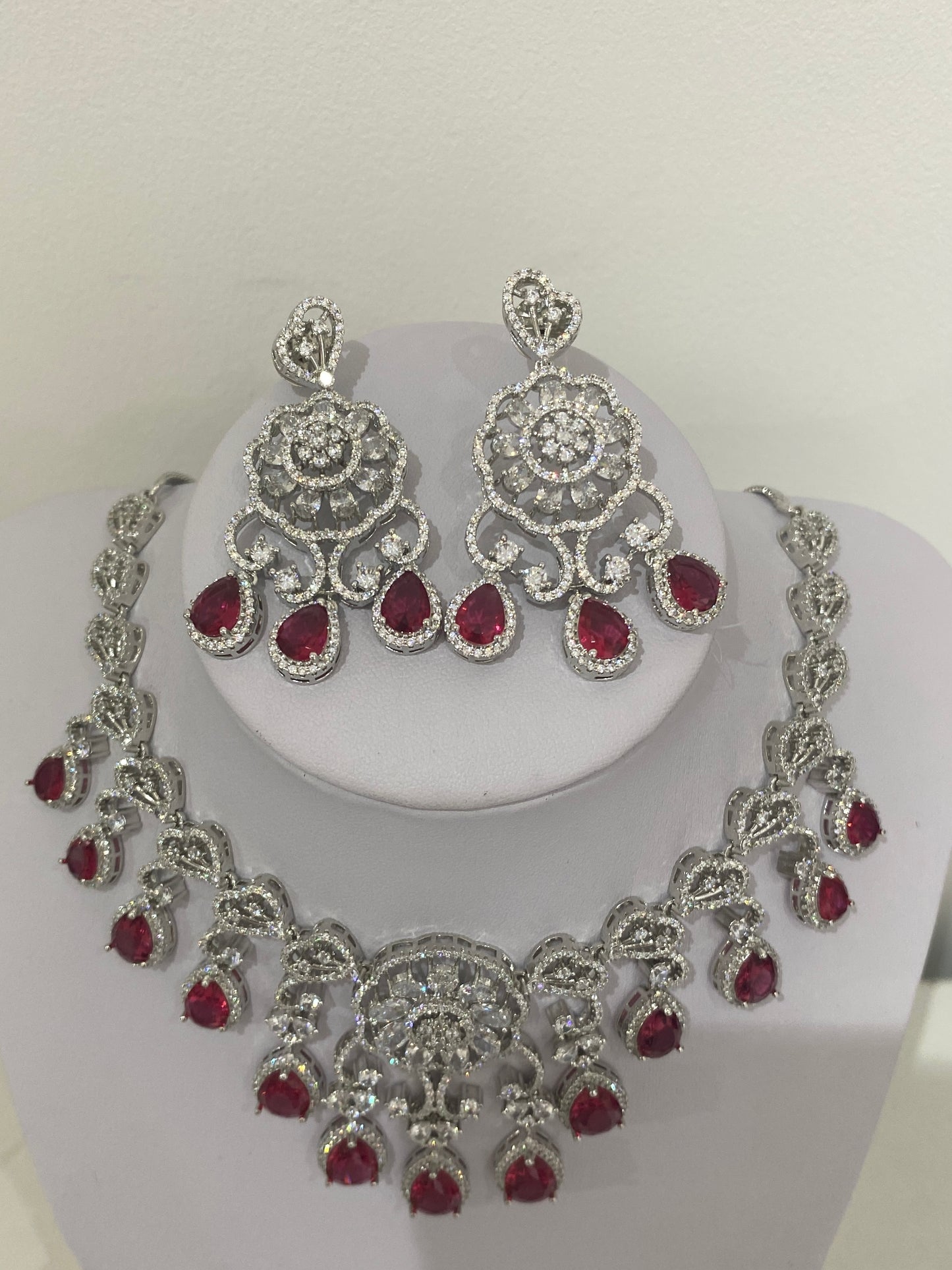 Deep Red American Diamond Necklace Set