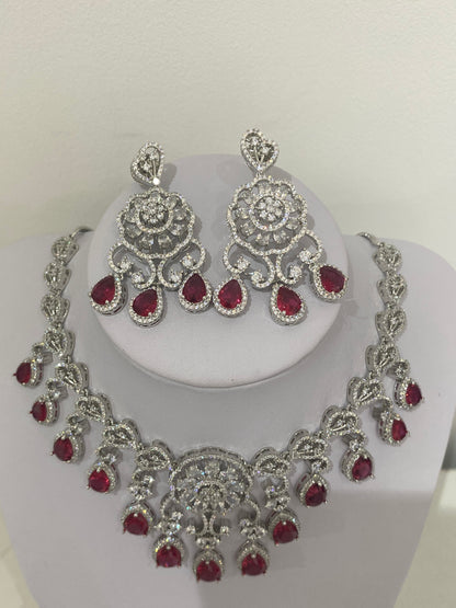 Deep Red American Diamond Necklace Set