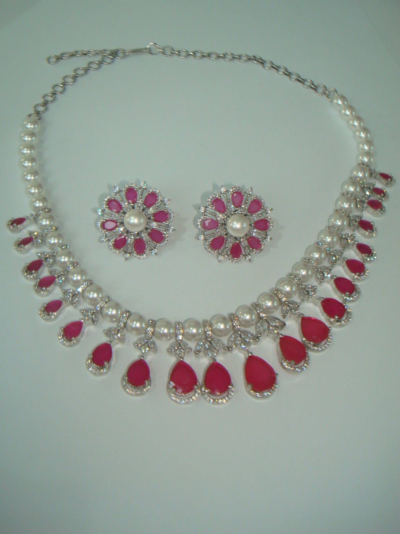 Ruby American Diamond Pearl Necklace Set