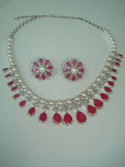 Ruby American Diamond Pearl Necklace Set