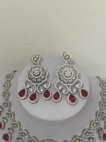 Deep Red American Diamond Necklace Set
