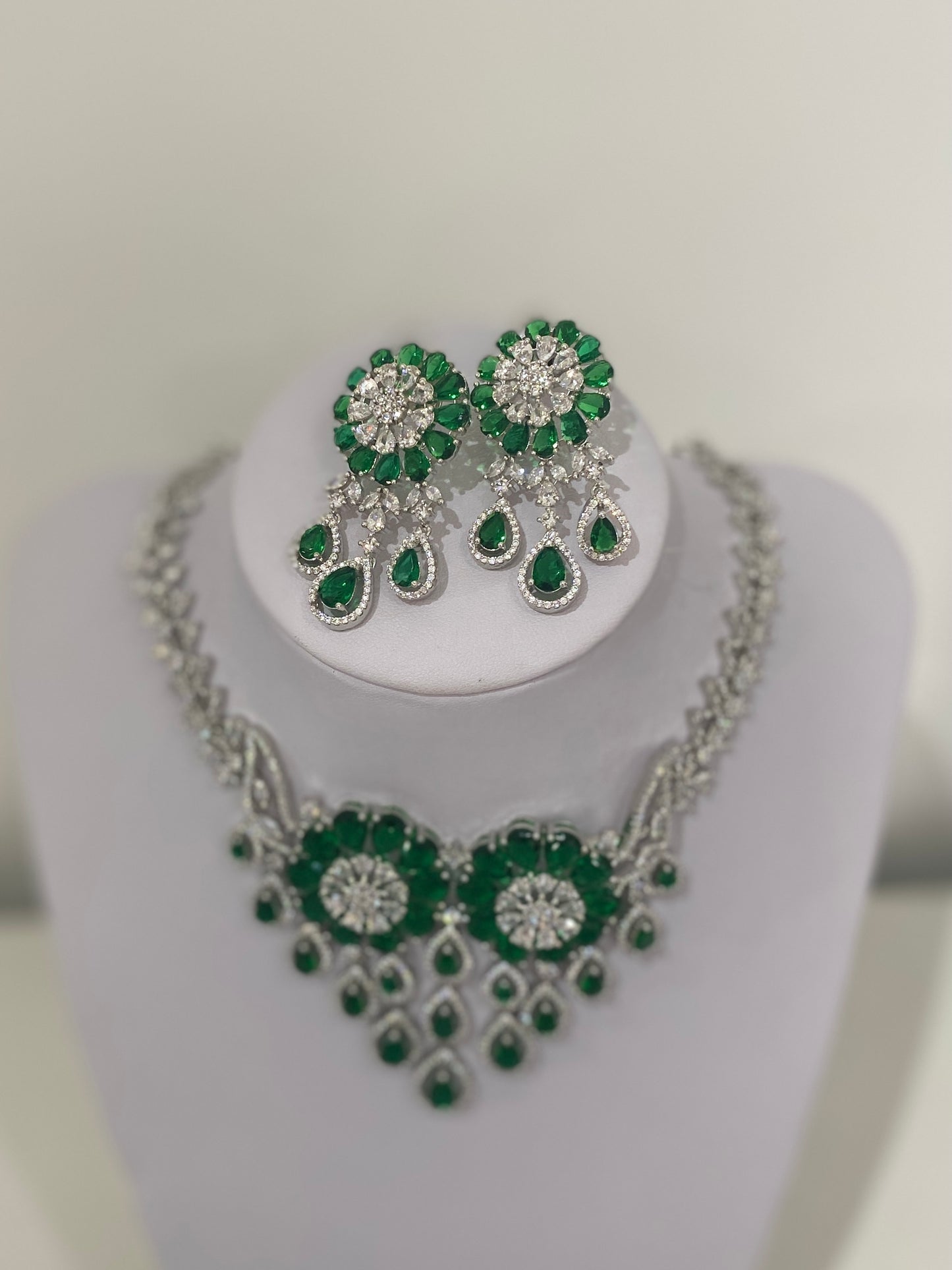 Emerald Green American Diamond Waterfall Necklace Set