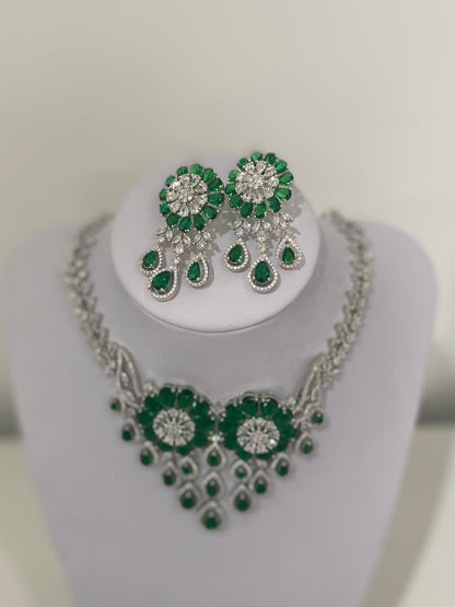 Emerald Green American Diamond Waterfall Necklace Set
