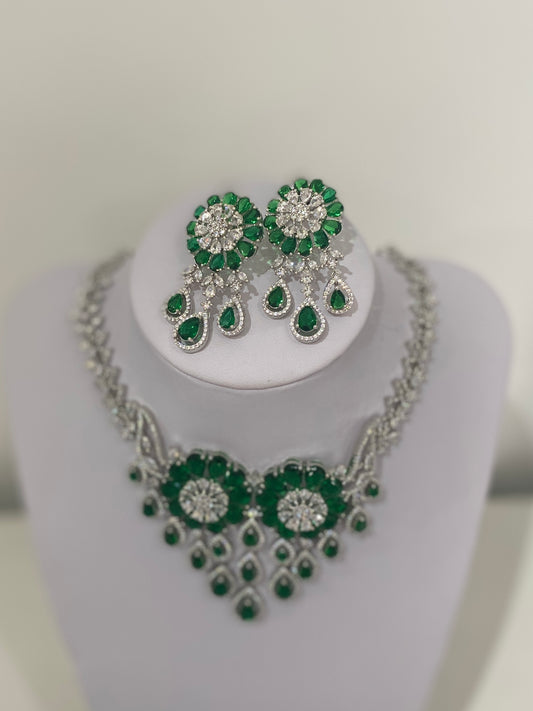 Emerald Green American Diamond Waterfall Necklace Set