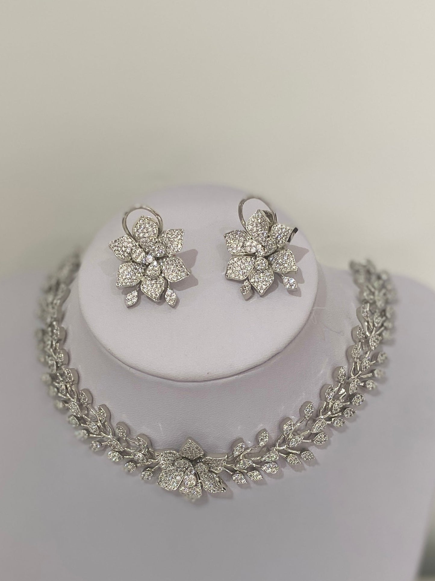 Silver American Diamond Floral Necklace Set