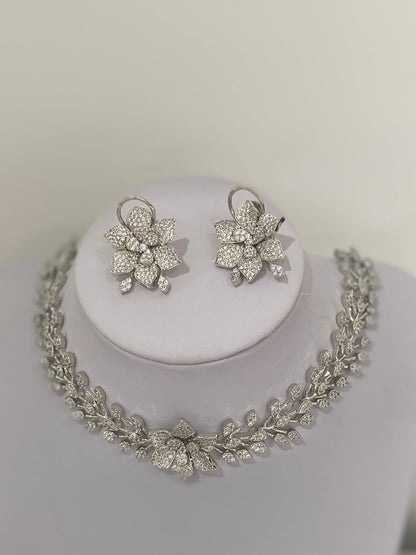 Silver American Diamond Floral Necklace Set