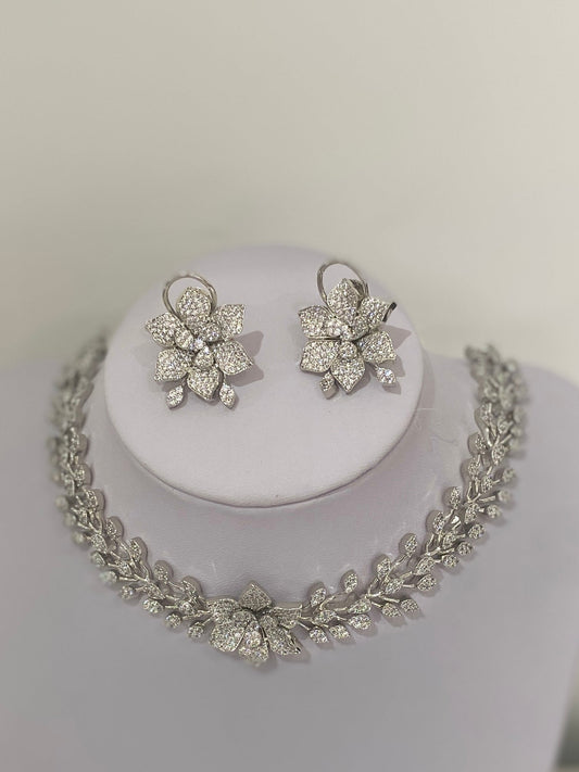 Silver American Diamond Floral Necklace Set