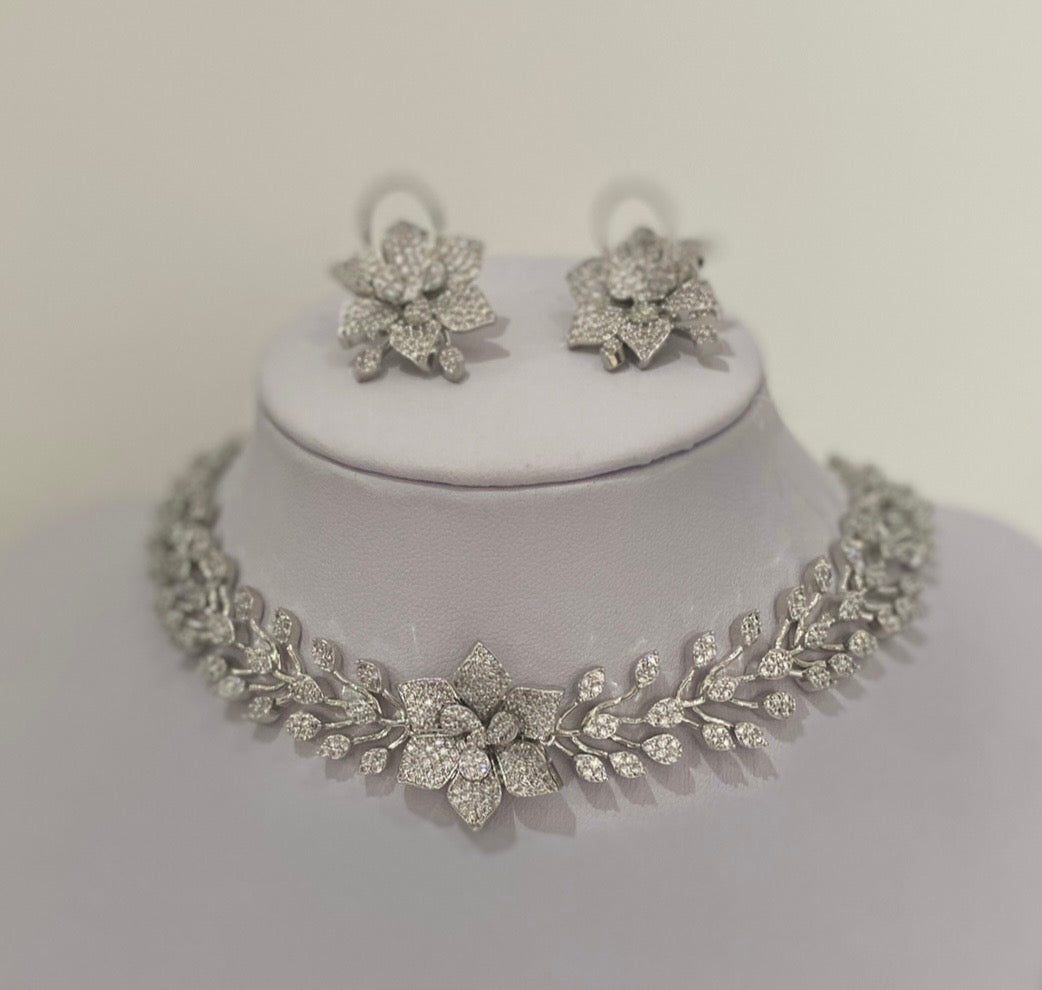Silver American Diamond Floral Necklace Set