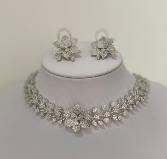 Silver American Diamond Floral Necklace Set