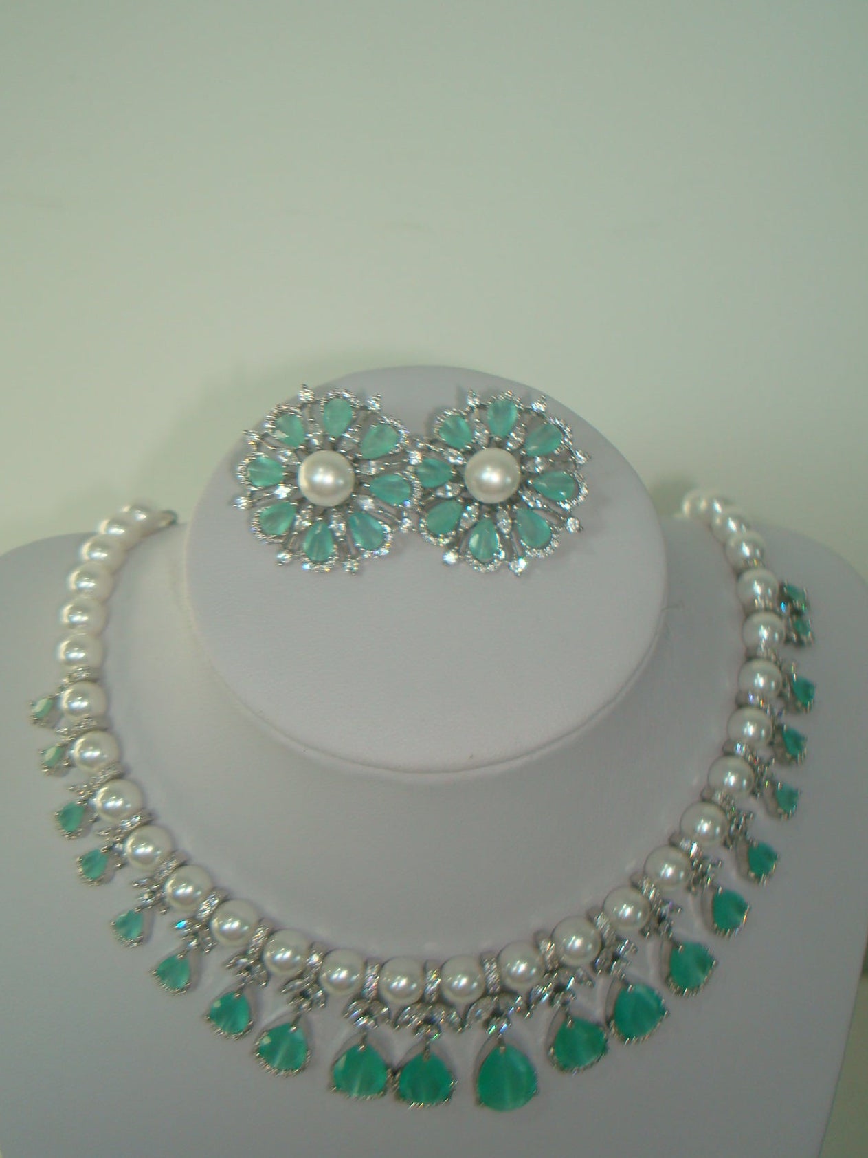 Mint Green AD Pearl Necklace Set