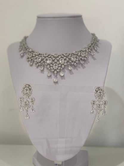 Silver American Diamond Teardrop Necklace Set