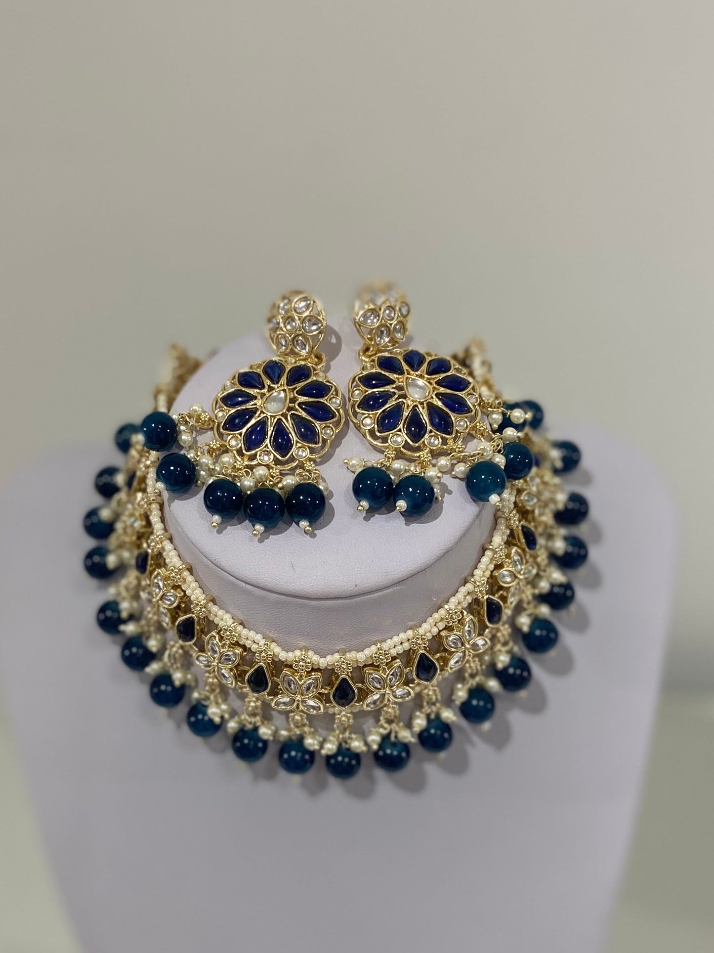 Navy Kundan Pearl Necklace Earrings & Tikka Set