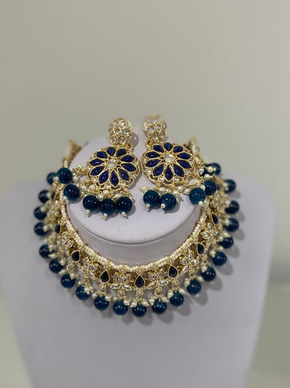 Navy Kundan Pearl Necklace Earrings & Tikka Set