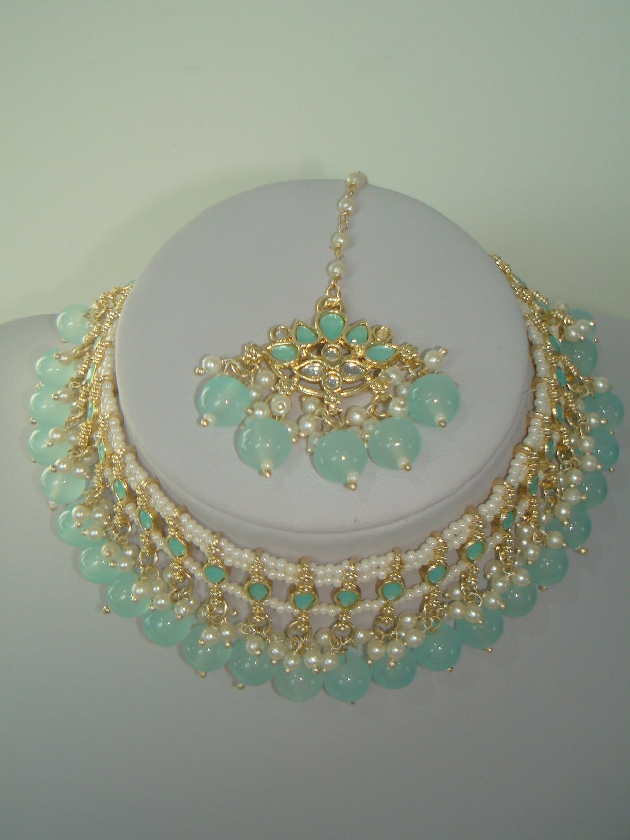 Pale Blue Pearl Kundan Lotus Necklace Set