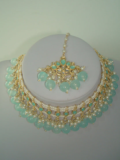 Pale Blue Pearl Kundan Lotus Necklace Set